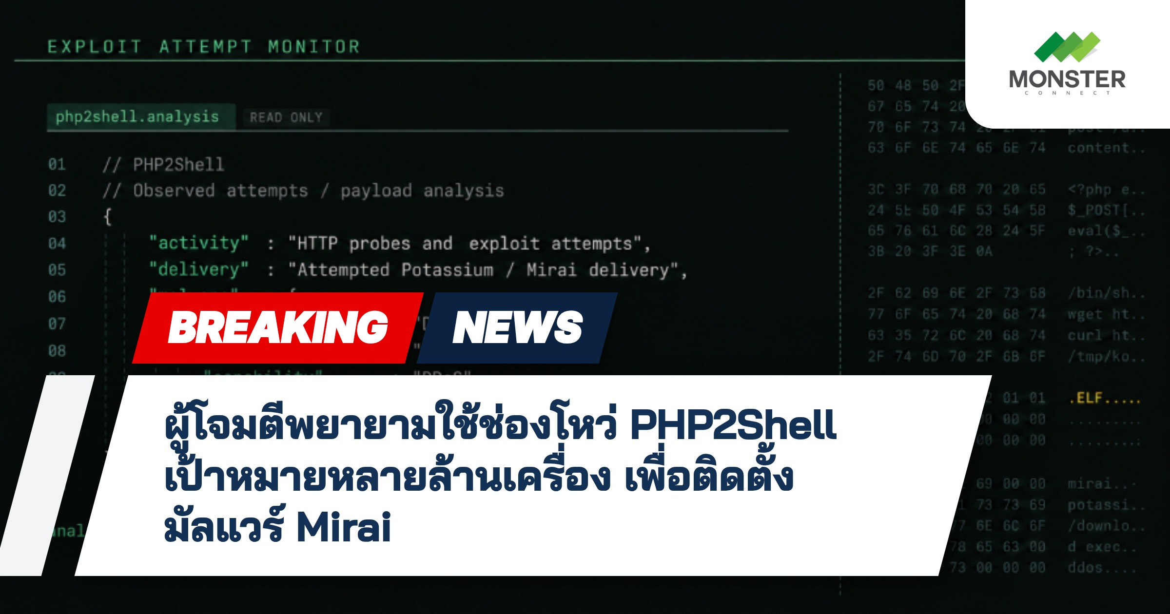 ผู้โจมตีพยายามใช้ช่องโหว่ PHP2Shell เป้าหมายหลายล้านเครื่อง เพื่อติดตั้งมัลแวร์ Mirai