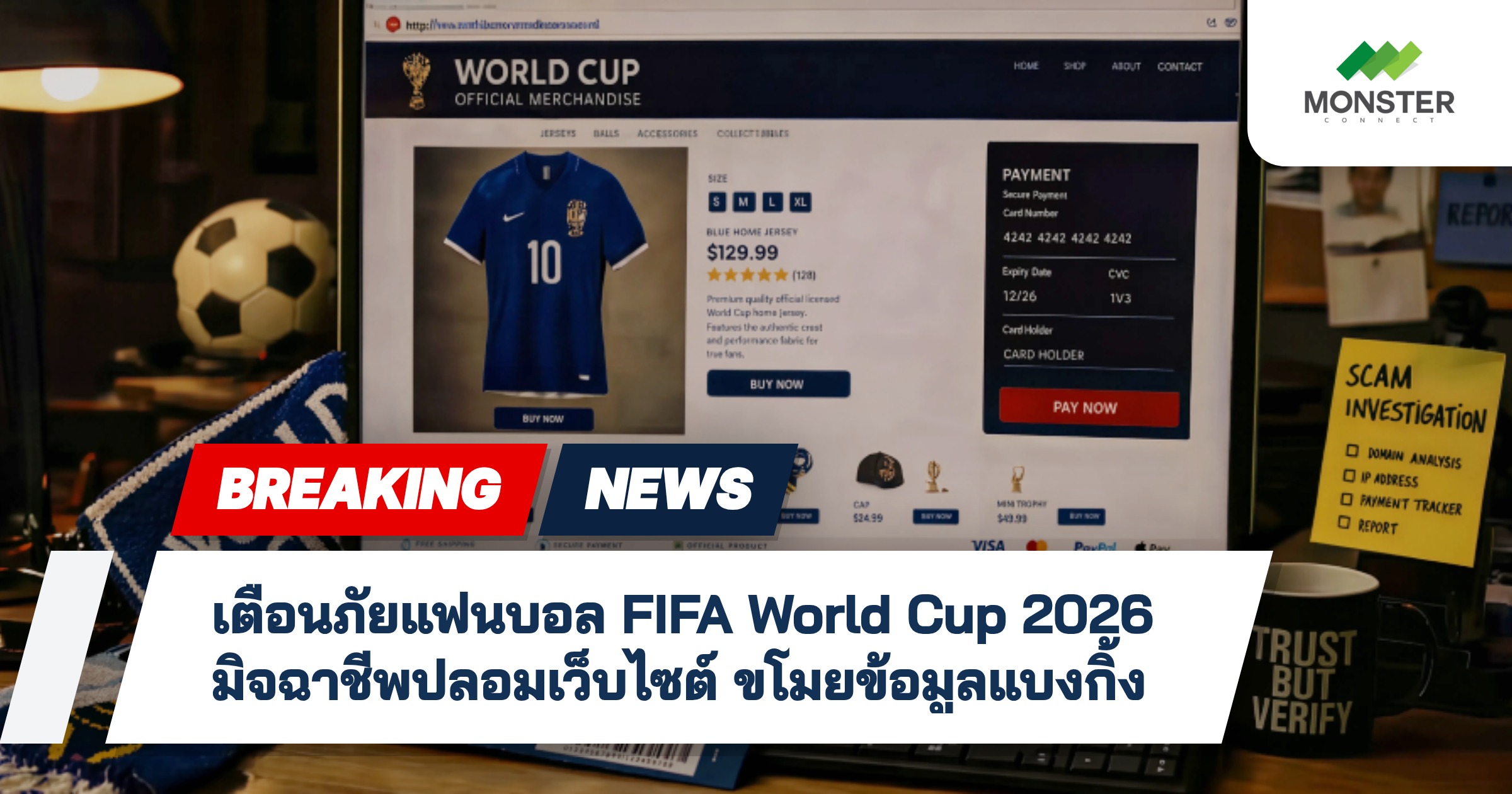 เตือนภัยแฟนบอล FIFA World Cup 2026 มิจฉาชีพปลอมเว็บไซต์ ขโมยข้อมูลแบงกิ้ง