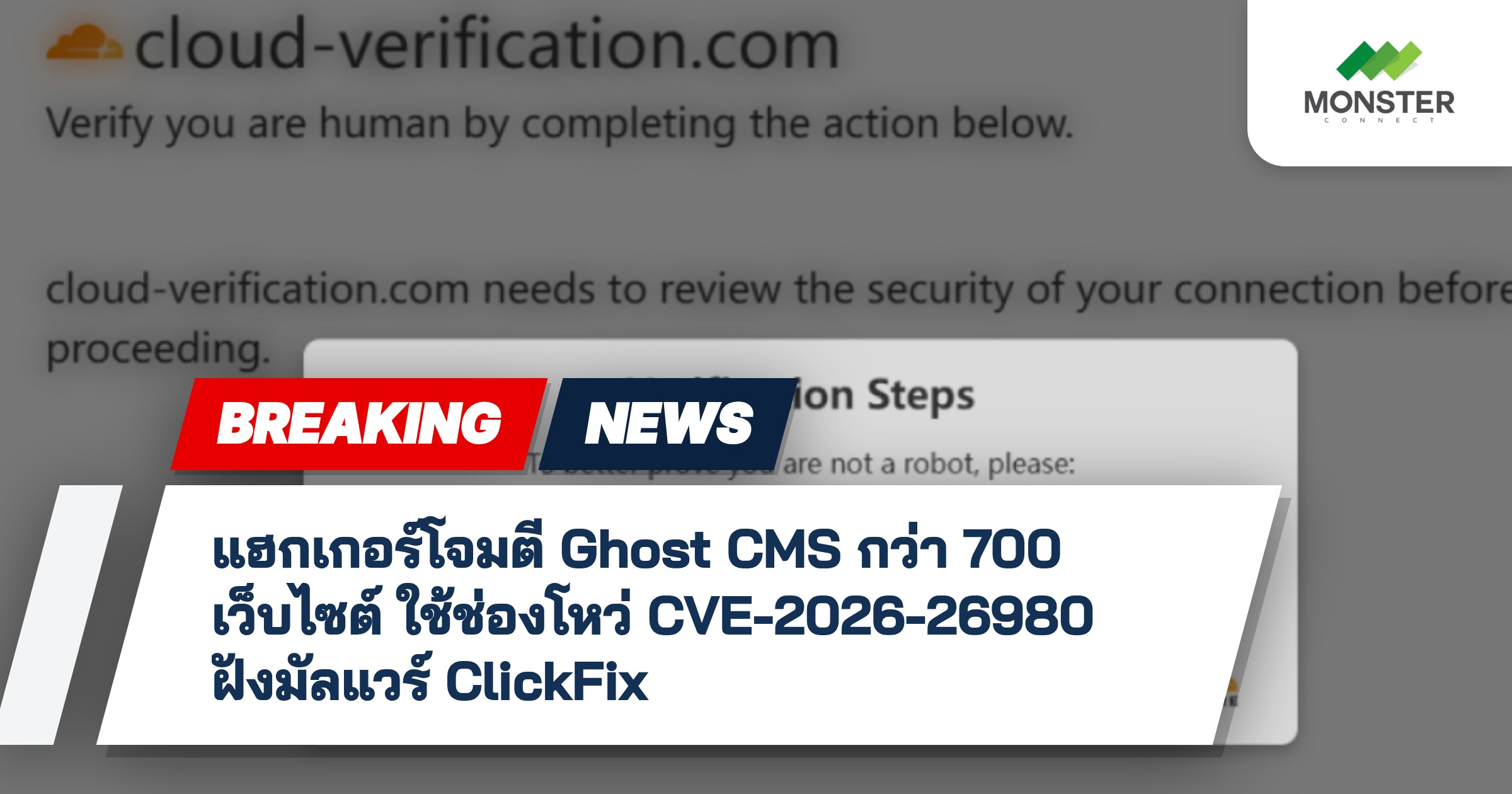 แฮกเกอร์โจมตี Ghost CMS กว่า 700 เว็บไซต์ ใช้ช่องโหว่ CVE-2026-26980 ฝังมัลแวร์ ClickFix